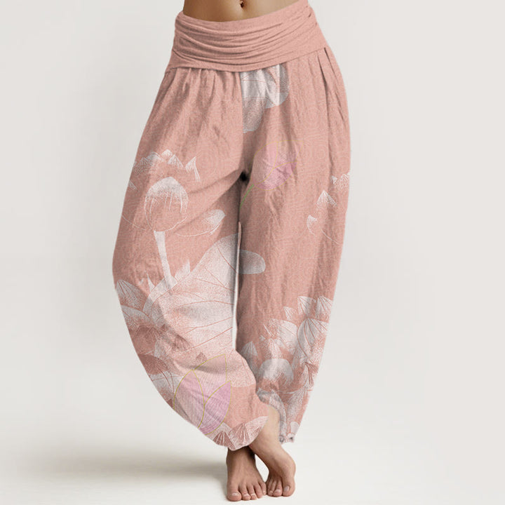 Buddha Stones Rosa und Weiß Lotus Damen Haremshose mit elastischer Taille - DarkSalmon - US22， UK/AU26，EU54 (6XL) - image 1