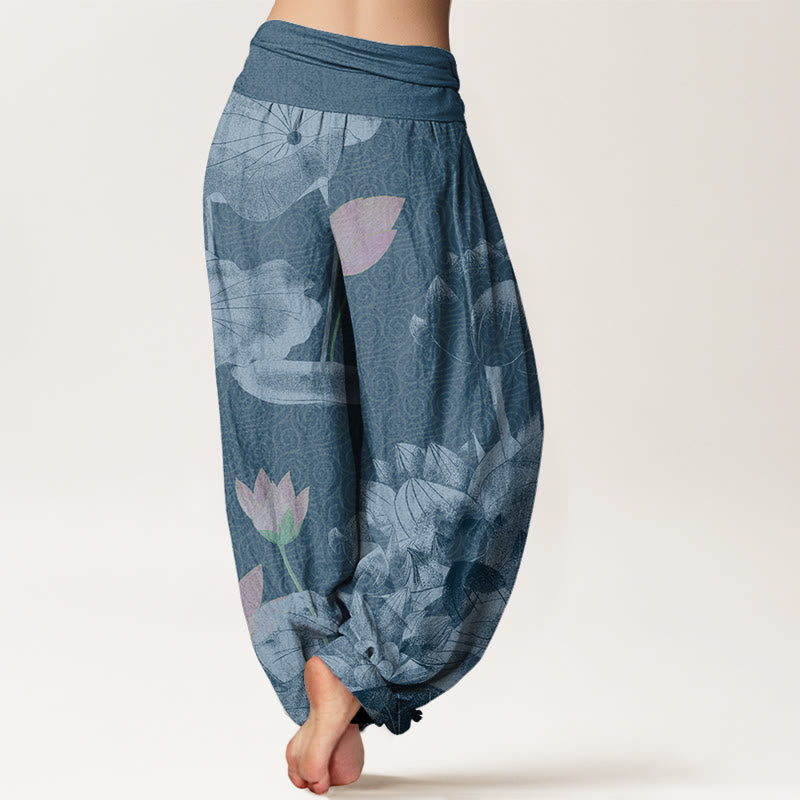 Buddha Stones Rosa und Weiß Lotus Damen Haremshose mit elastischer Taille - image 6