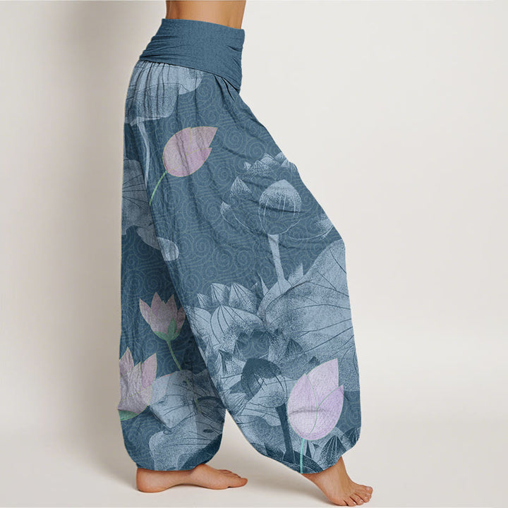 Buddha Stones Rosa und Weiß Lotus Damen Haremshose mit elastischer Taille - image 7