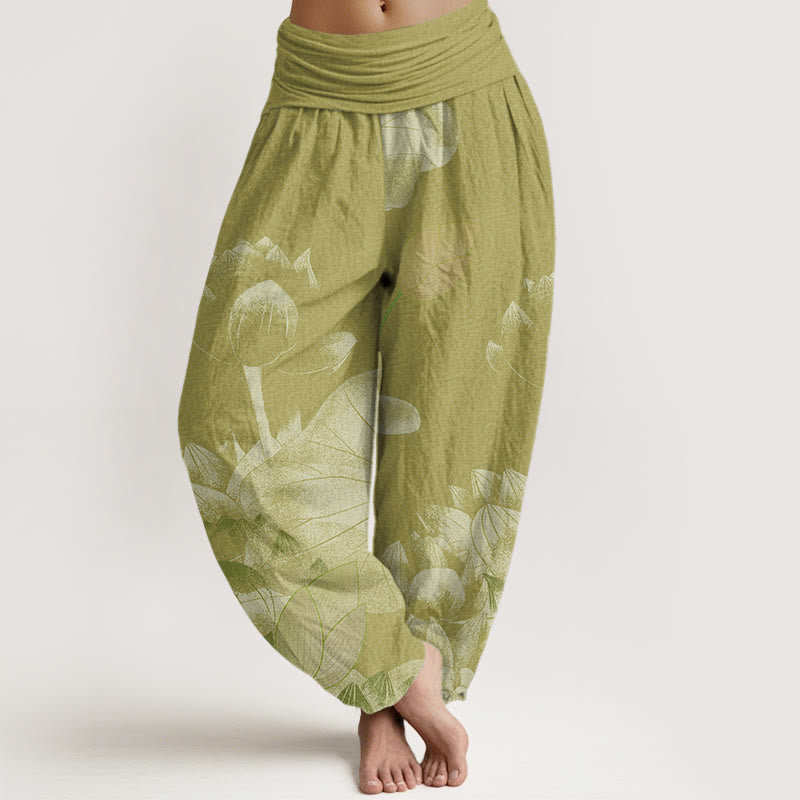 Buddha Stones Rosa und Weiß Lotus Damen Haremshose mit elastischer Taille - DunkelKhaki - US22， UK/AU26，EU54 (6XL) - image 8