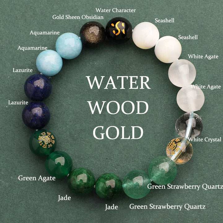 Buddha Stones, Fünf Elemente, verschiedene Achat-Kristalle, Sonnenstein, Weisheitsarmband - Water Wood Gold (Handgelenkumfang: 14-16 cm) - 10 mm - image 21