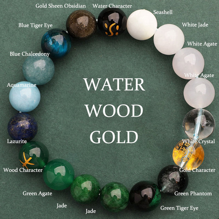 Buddha Stones, Fünf Elemente, verschiedene Achat-Kristalle, Sonnenstein, Weisheitsarmband - Water Wood Gold (Handgelenkumfang: 14-16 cm) - 12 mm - image 19