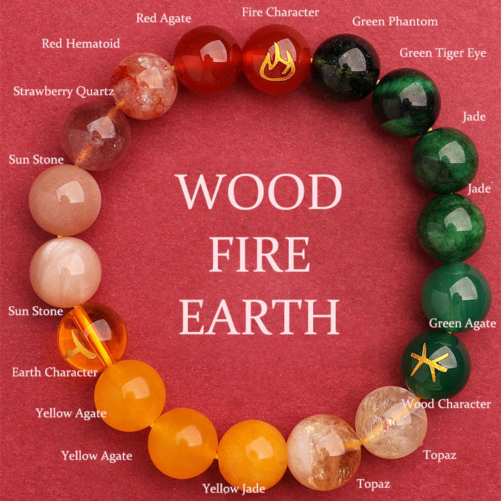 Buddha Stones, Fünf Elemente, verschiedene Achat-Kristalle, Sonnenstein, Weisheitsarmband - Holz Feuer Erde (Handgelenkumfang: 14-16 cm) - 12 mm - image 38