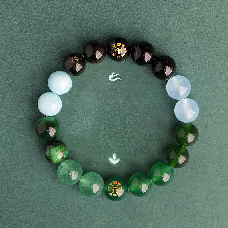 Buddha Stones Fünf Elemente, verschiedene Achatkristalle, schwarzer Onyx, grüner Chalcedon, Aquamarin – Weisheitsarmband - image 1