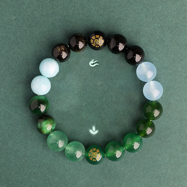 Buddha Stones Fünf Elemente, verschiedene Achatkristalle, schwarzer Onyx, grüner Chalcedon, Aquamarin – Weisheitsarmband - image 1