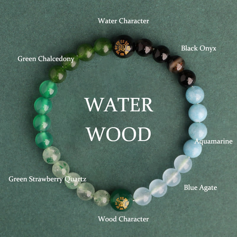 Buddha Stones Fünf Elemente, verschiedene Achatkristalle, schwarzer Onyx, grüner Chalcedon, Aquamarin – Weisheitsarmband - Wasserholz (Handgelenkumfang: 14-16 cm) - 6 mm - image 3
