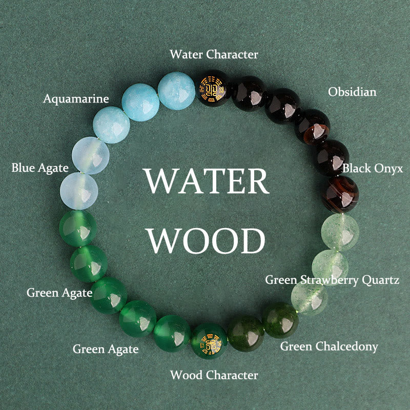 Buddha Stones Fünf Elemente, verschiedene Achatkristalle, schwarzer Onyx, grüner Chalcedon, Aquamarin – Weisheitsarmband - Wasserholz (Handgelenkumfang: 14-16 cm) - 8 mm - image 13