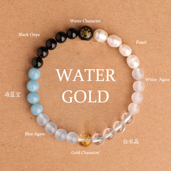 Buddha Stones Fünf Elemente, verschiedene Achatkristalle, schwarzer Onyx, grüner Chalcedon, Aquamarin – Weisheitsarmband - Gold Water (Handgelenkumfang: 14-16 cm) - 6 mm - image 17