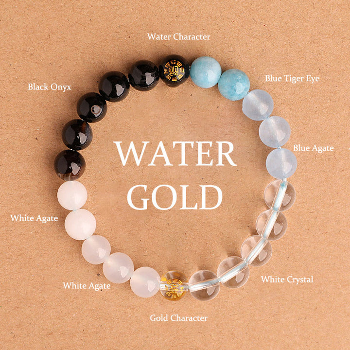 Buddha Stones Fünf Elemente, verschiedene Achatkristalle, schwarzer Onyx, grüner Chalcedon, Aquamarin – Weisheitsarmband - Gold Water (Handgelenkumfang: 14-16 cm) - 8 mm - image 19