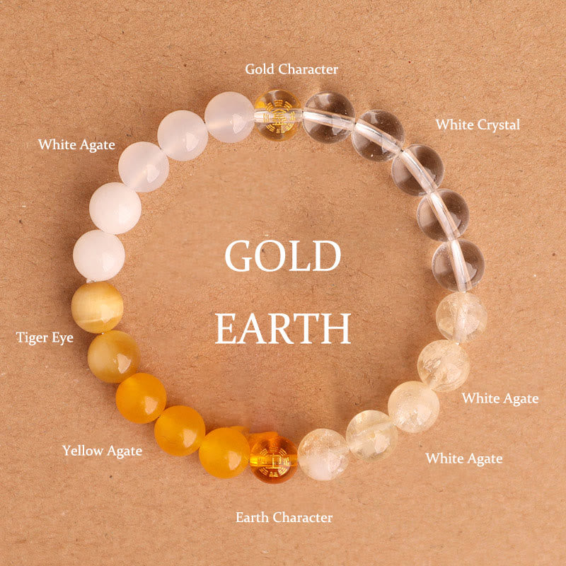 Buddha Stones Fünf Elemente, verschiedene Achatkristalle, schwarzer Onyx, grüner Chalcedon, Aquamarin – Weisheitsarmband - Gold Earth (Handgelenkumfang: 14-16 cm) - 8 mm - image 29