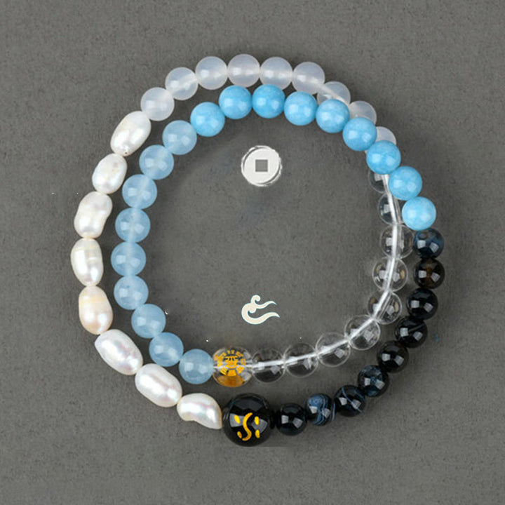 Buddha Stones Fünf Elemente Verschiedene Achat Kristall Perle Schwarz Onyx Weiß Achat Weiß Kristall Glück Armband