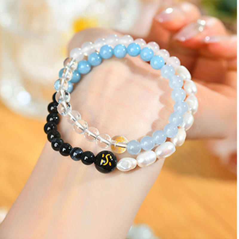 Buddha Stones Fünf Elemente Verschiedene Achat Kristall Perle Schwarz Onyx Weiß Achat Weiß Kristall Glück Armband