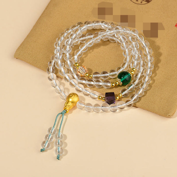 Buddha Stones Armband mit 108 Mala-Perlen, weißer Kristall, Klarheit