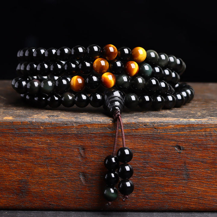 Buddha Stones 108 Mala Perlen Schwarzer Obsidian Eis Obsidian Erfüllungsarmband