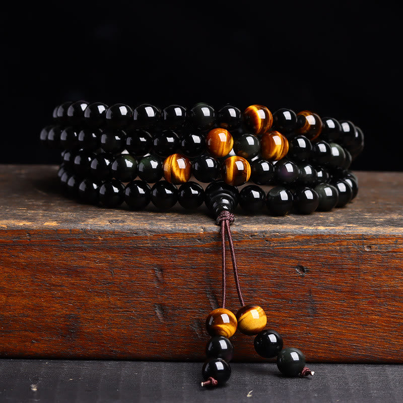 Buddha Stones 108 Mala Perlen Schwarzer Obsidian Eis Obsidian Erfüllungsarmband