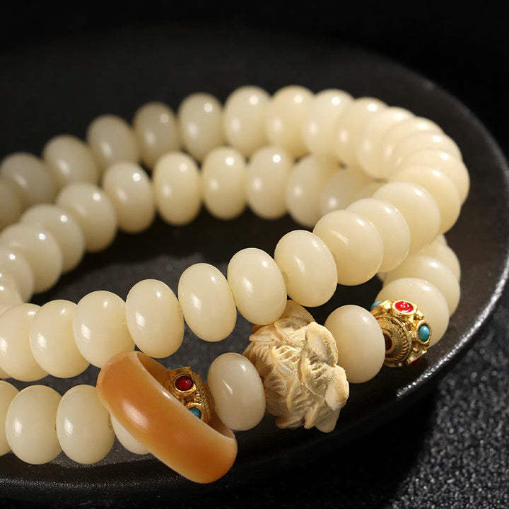 Buddha Stones, Bodhi-Samen, Pfirsichholz, Lotus, Reichtum, Doppel-Wickelarmband