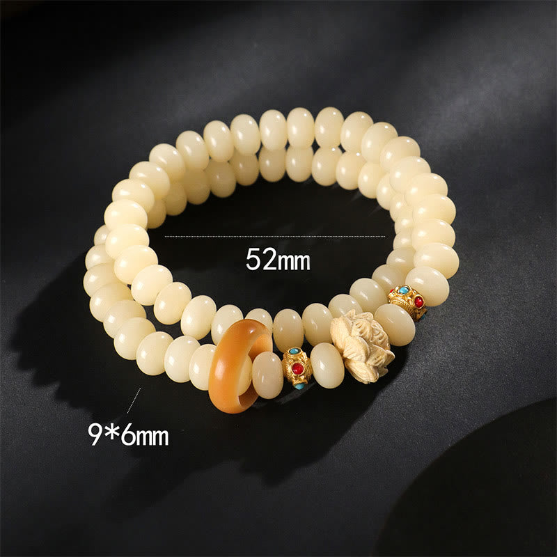 Buddha Stones, Bodhi-Samen, Pfirsichholz, Lotus, Reichtum, Doppel-Wickelarmband