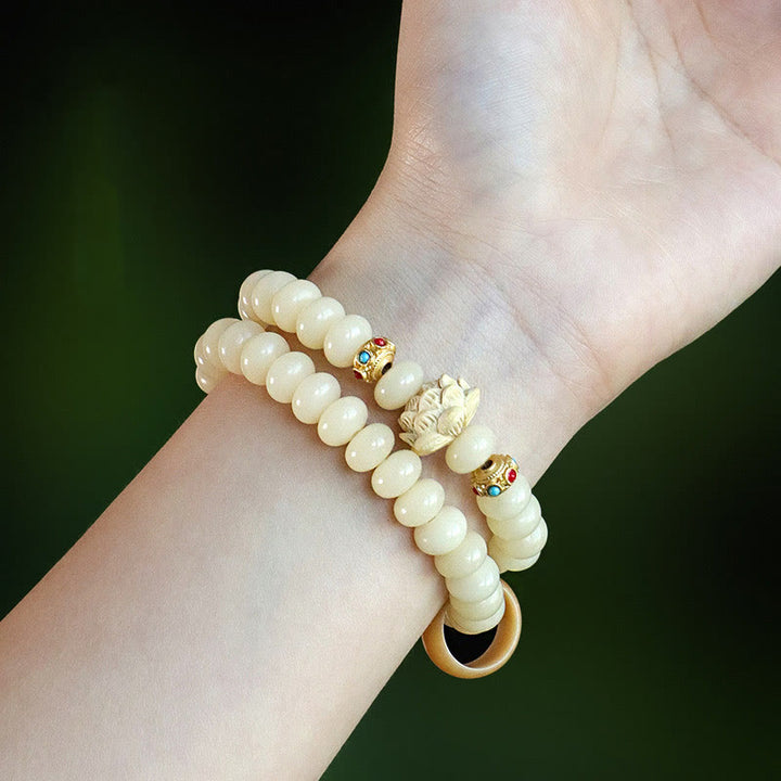 Buddha Stones, Bodhi-Samen, Pfirsichholz, Lotus, Reichtum, Doppel-Wickelarmband