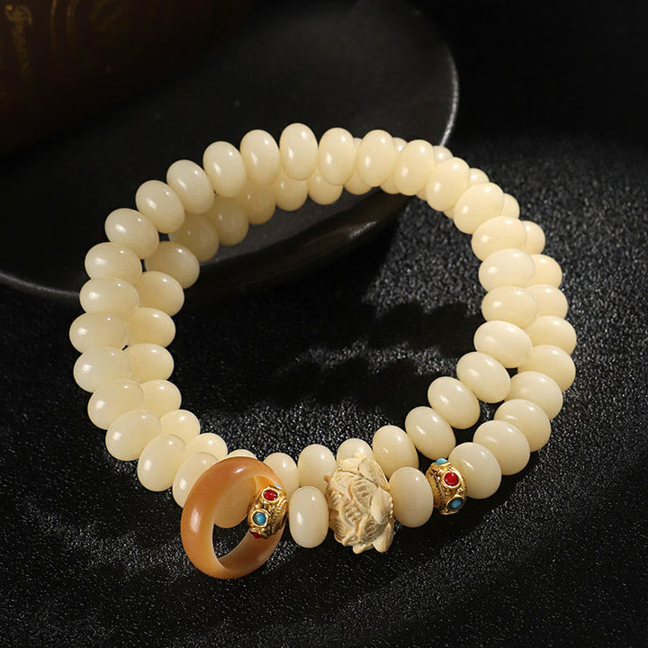 Buddha Stones, Bodhi-Samen, Pfirsichholz, Lotus, Reichtum, Doppel-Wickelarmband