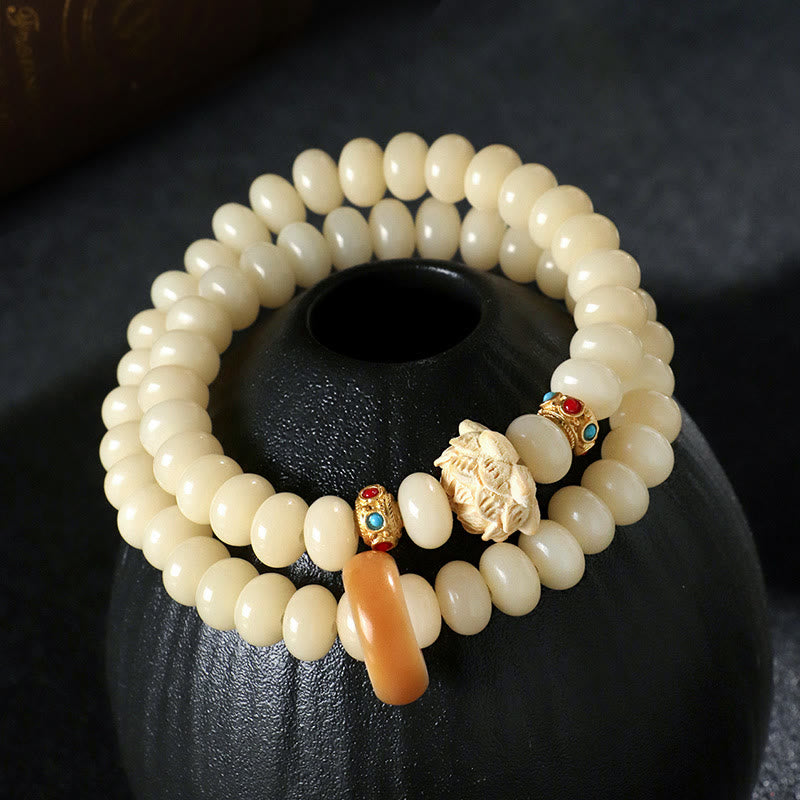 Buddha Stones, Bodhi-Samen, Pfirsichholz, Lotus, Reichtum, Doppel-Wickelarmband