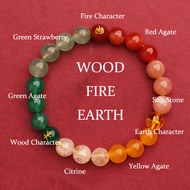 Buddha Stones, Fünf Elemente, verschiedene Achat-Kristalle, grüner Erdbeerquarz, Sonnenstein, Reichtum-Armband - Feuer Erde Holz (Handgelenkumfang: 14-16 cm) - 8 mm - image 10