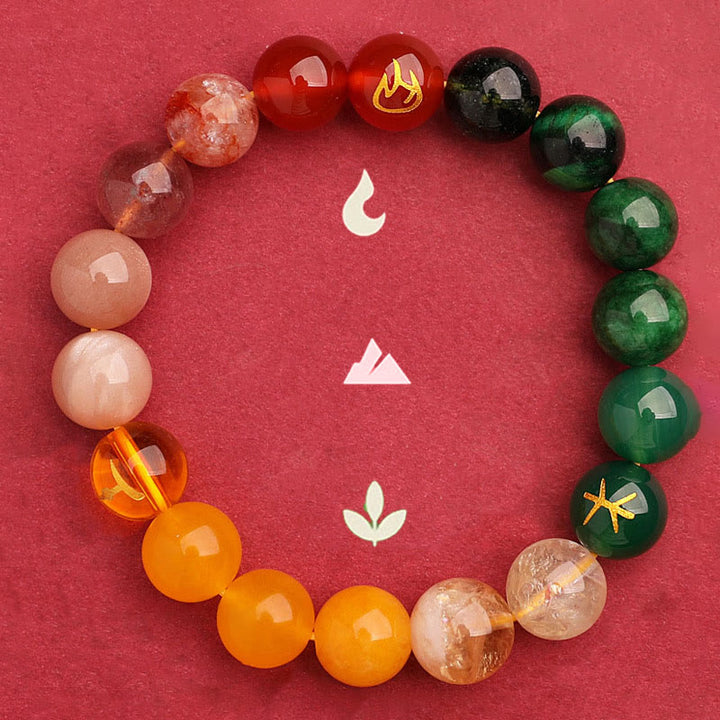 Buddha Stones, Fünf Elemente, verschiedene Achat-Kristalle, grüner Erdbeerquarz, Sonnenstein, Reichtum-Armband