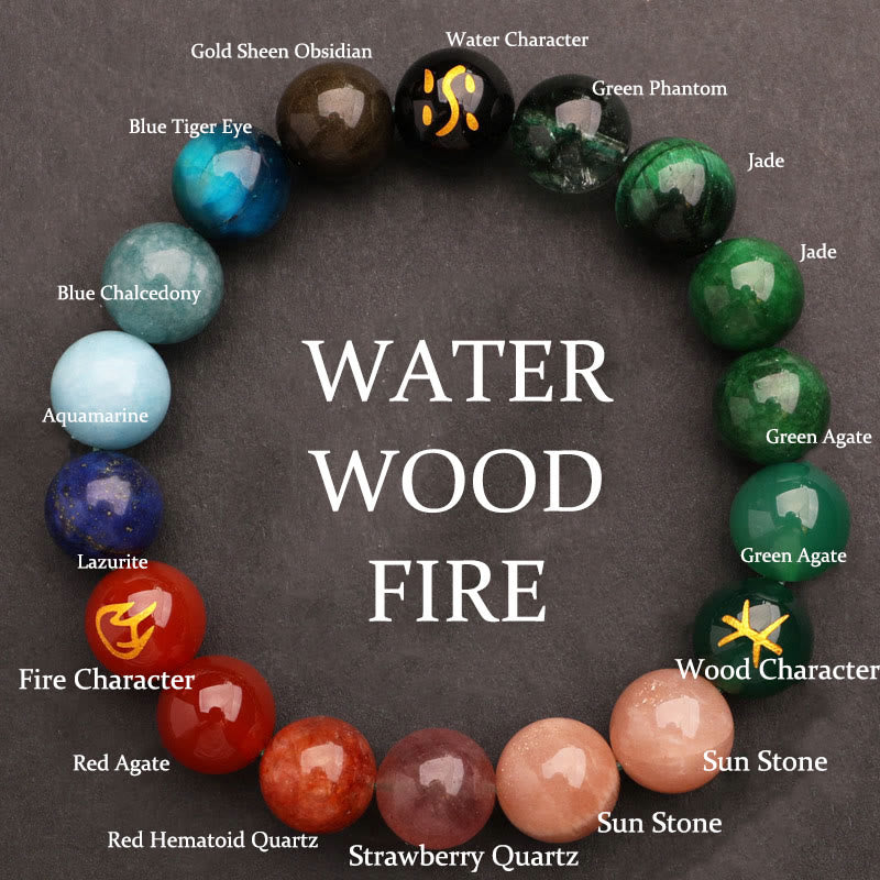 Buddha Stones, Fünf Elemente, verschiedene Achat-Kristalle, grüner Erdbeerquarz, Sonnenstein, Reichtum-Armband - Wasser, Feuer, Holz (Handgelenkumfang: 14-16 cm) - 12 mm - image 41