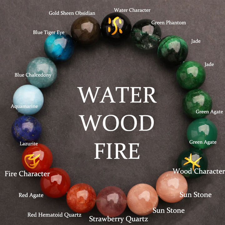 Buddha Stones, Fünf Elemente, verschiedene Achat-Kristalle, grüner Erdbeerquarz, Sonnenstein, Reichtum-Armband - Wasser, Feuer, Holz (Handgelenkumfang: 14-16 cm) - 12 mm - image 41
