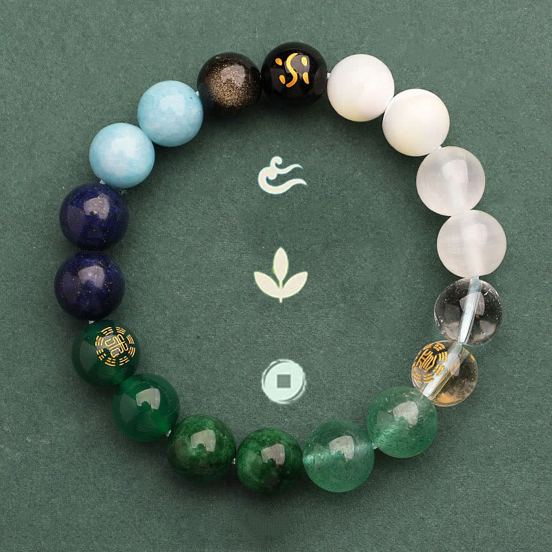 Buddha Stones, Fünf Elemente, verschiedene Achat-Kristalle, grüner Erdbeerquarz, Sonnenstein, Reichtum-Armband