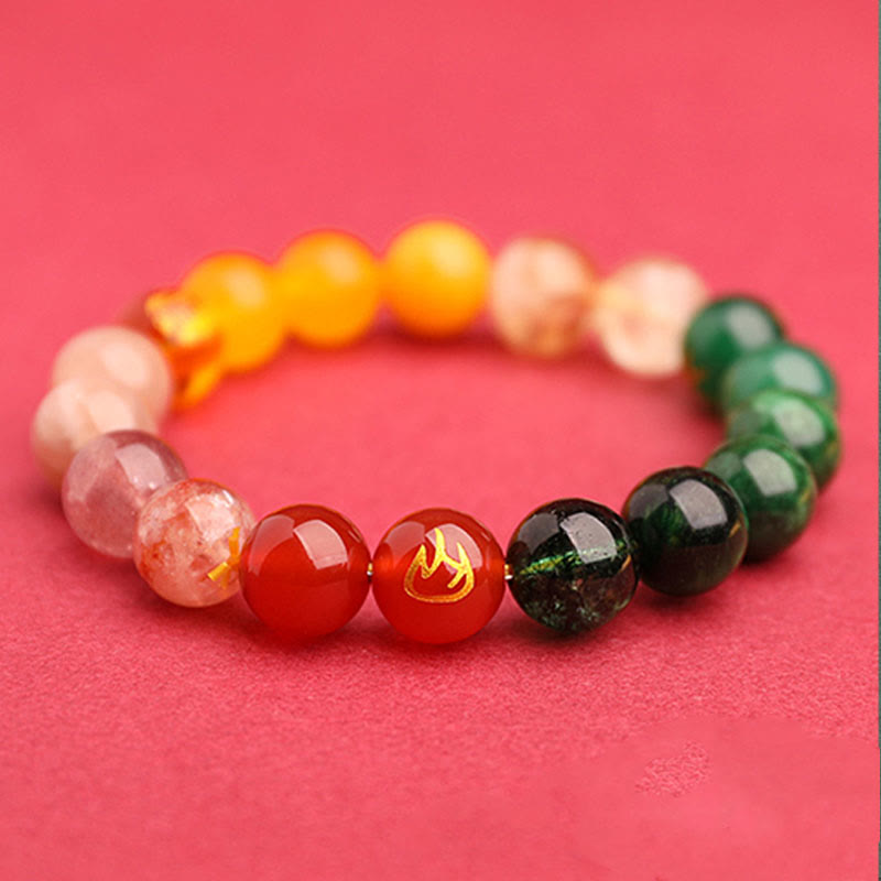 Buddha Stones, Fünf Elemente, verschiedene Achat-Kristalle, grüner Erdbeerquarz, Sonnenstein, Reichtum-Armband