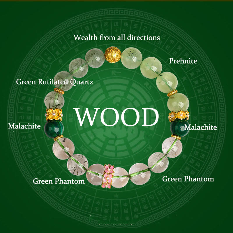Buddha Stones ​​Fünf Elemente Verschiedene Achatkristalle Grüner Phantom Rutilquarz Grüner Traubenachat Malachit Glücksarmband - Holz (Handgelenkumfang: 14-16 cm) - image 0
