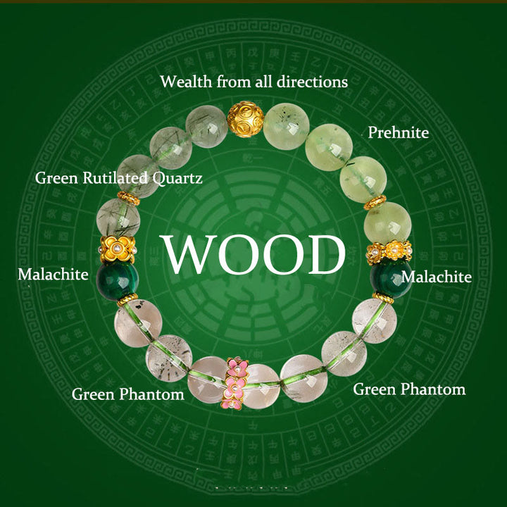 Buddha Stones ​​Fünf Elemente Verschiedene Achatkristalle Grüner Phantom Rutilquarz Grüner Traubenachat Malachit Glücksarmband - Holz (Handgelenkumfang: 14-16 cm) - image 0