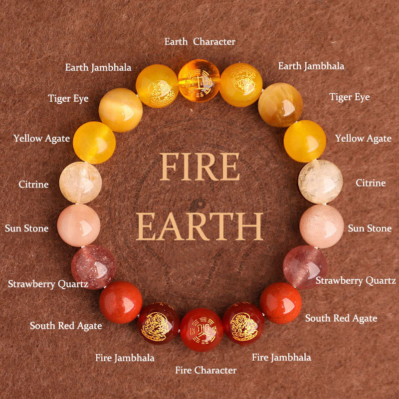 Buddha Stones, Fünf Elemente, Verschiedene Achat-Kristalle, Südroter Achat, Erdbeerquarz, Sonnenstein, Citrin, Glücksarmband - Feuer Erde (Handgelenkumfang: 14-16 cm) - 10 mm - image 2