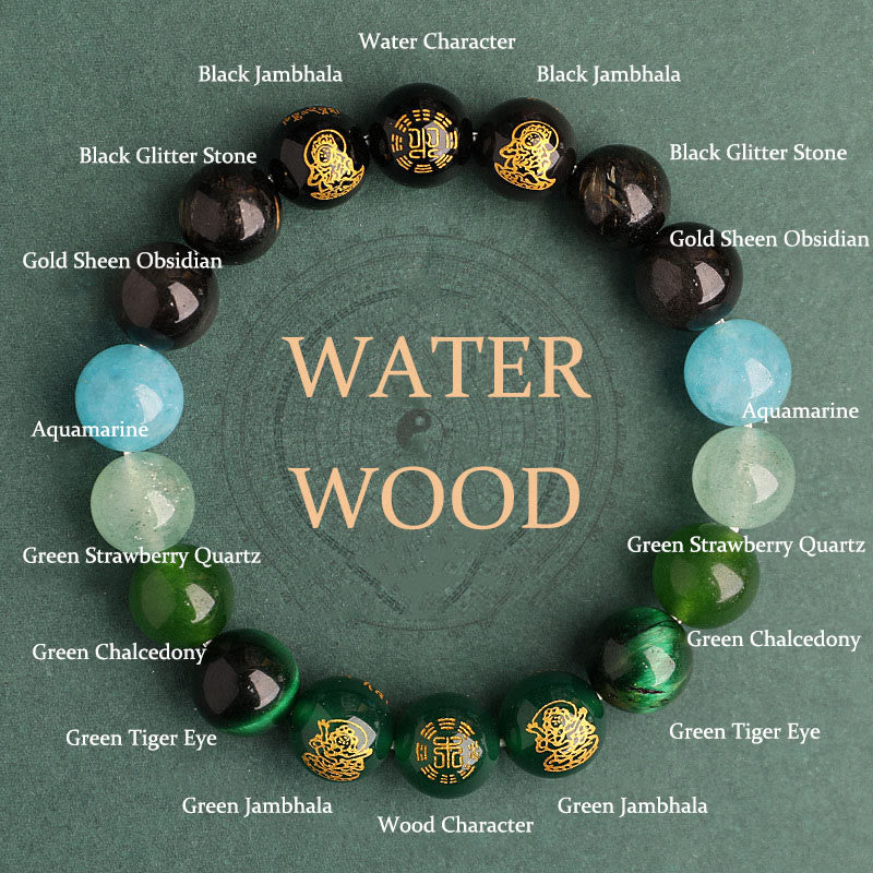 Buddha Stones, Fünf Elemente, Verschiedene Achat-Kristalle, Südroter Achat, Erdbeerquarz, Sonnenstein, Citrin, Glücksarmband - Wasserholz (Handgelenkumfang: 14-16 cm) - 12 mm - image 17
