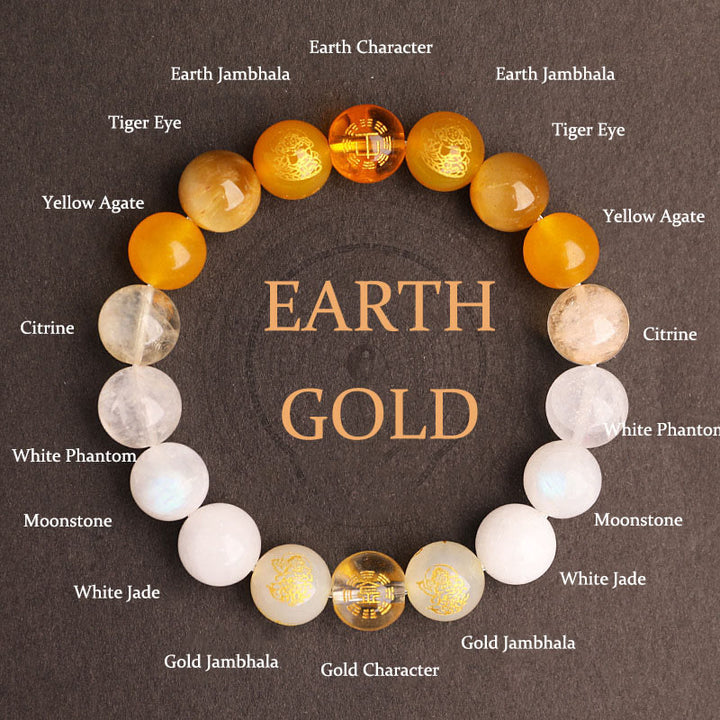 Buddha Stones, Fünf Elemente, Verschiedene Achat-Kristalle, Südroter Achat, Erdbeerquarz, Sonnenstein, Citrin, Glücksarmband - Gold Earth (Handgelenkumfang: 14-16 cm) - 10 mm - image 31