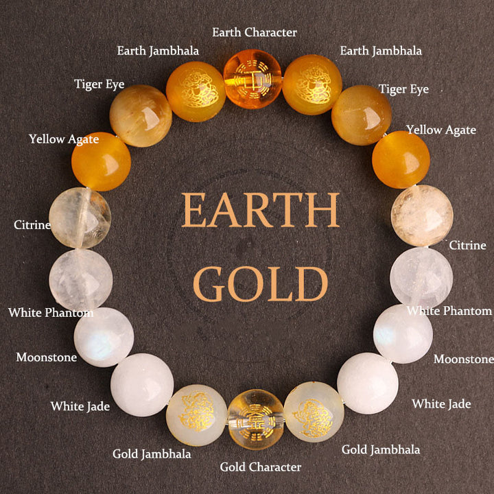 Buddha Stones, Fünf Elemente, Verschiedene Achat-Kristalle, Südroter Achat, Erdbeerquarz, Sonnenstein, Citrin, Glücksarmband - Gold Earth (Handgelenkumfang: 14-16 cm) - 12 mm - image 33