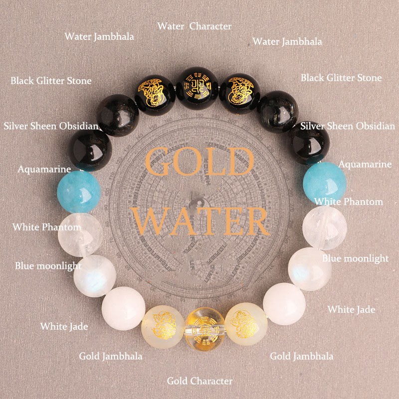 Buddha Stones, Fünf Elemente, Verschiedene Achat-Kristalle, Südroter Achat, Erdbeerquarz, Sonnenstein, Citrin, Glücksarmband - Gold Water (Handgelenkumfang: 14-16 cm) - 10 mm - image 37