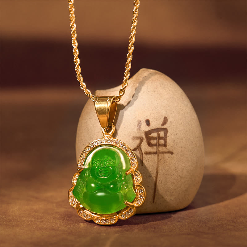 Buddha Stones 18K Gold gefüllt Lachender Buddha Jade Glück Halskette Kettenanhänger