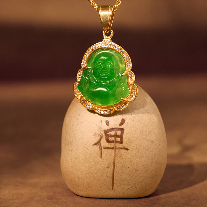 Buddha Stones 18K Gold gefüllt Lachender Buddha Jade Glück Halskette Kettenanhänger