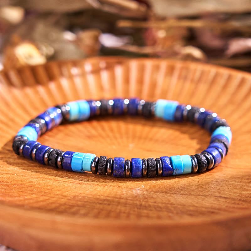 Buddha Stones ​​Hämatit Türkis Lazurit Lapislazuli Lavastein Schwarzes Glitzerstein-Stützarmband - 6 mm Hämatit-Türkis-Lazurit (Handgelenkumfang: 14-16 cm) - image 0