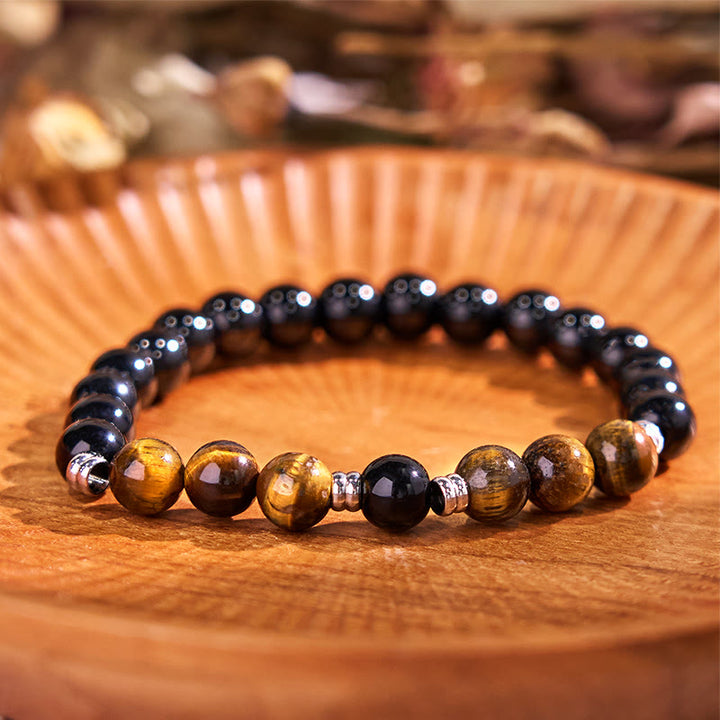 Buddha Stones 2-teiliges Armband-Set mit Hämatit-Tigerauge und blauem Tigerauge