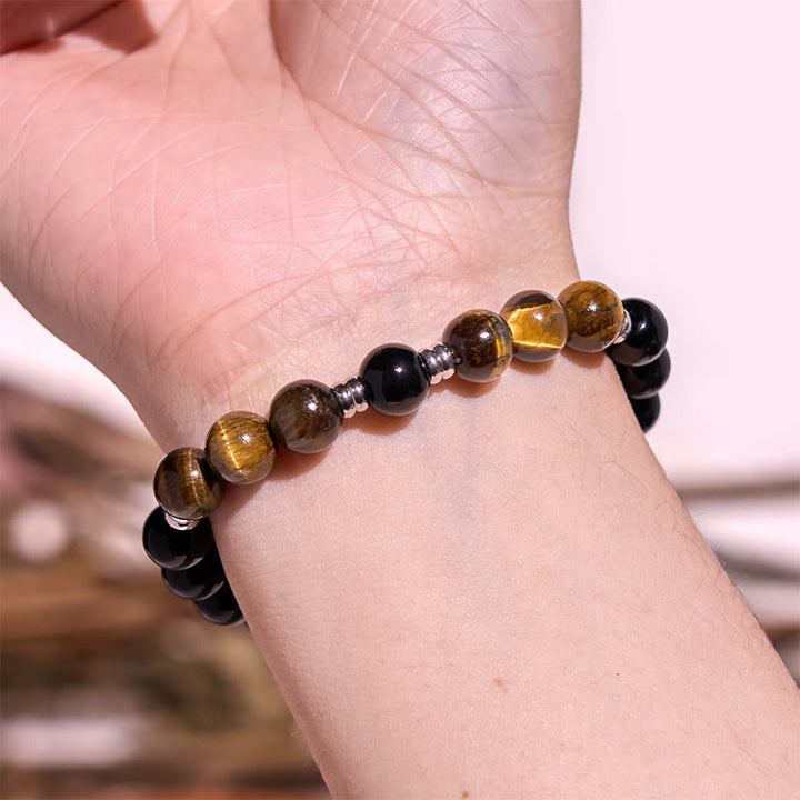 Buddha Stones 2-teiliges Armband-Set mit Hämatit-Tigerauge und blauem Tigerauge