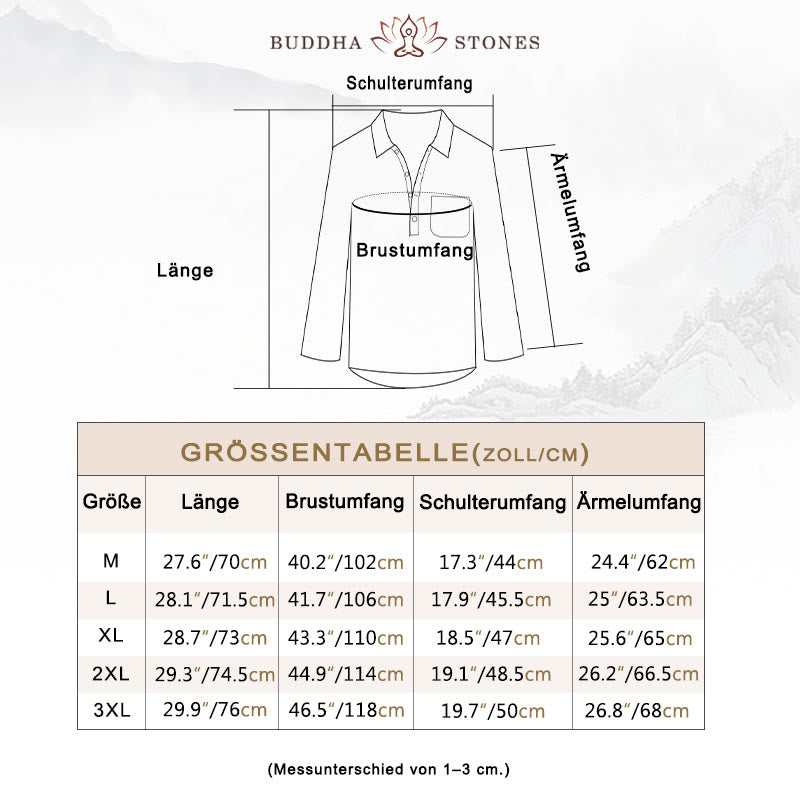 Buddha Stones Einfarbiges, lockeres Langarmhemd mit halben Knöpfen, Leinen, Herrenbekleidung