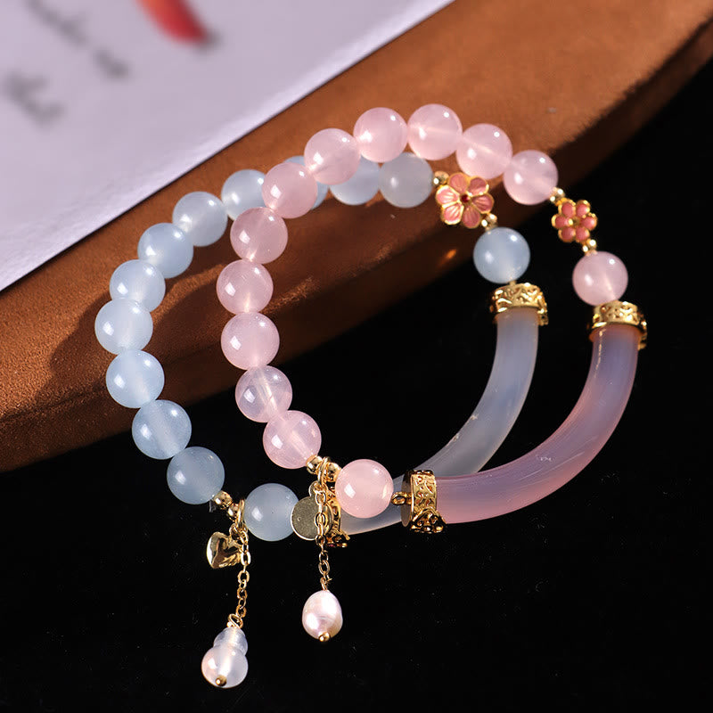 Buddha Stones Rosa Kristall Blau Chalcedon Perle Manschette Halbarmband Armreif - image 10