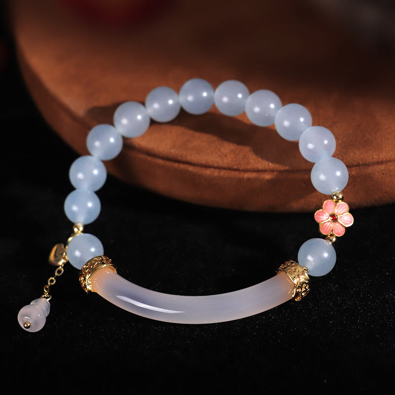 Buddha Stones Rosa Kristall Blau Chalcedon Perle Manschette Halbarmband Armreif