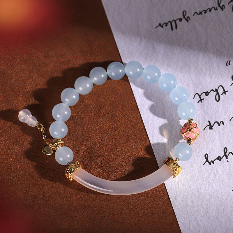 Buddha Stones Rosa Kristall Blau Chalcedon Perle Manschette Halbarmband Armreif - image 11