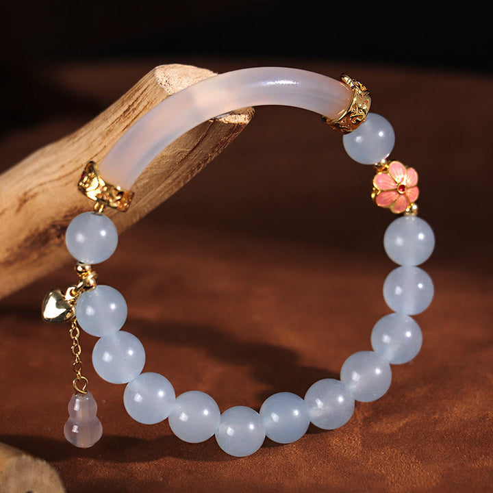 Buddha Stones Rosa Kristall Blau Chalcedon Perle Manschette Halbarmband Armreif