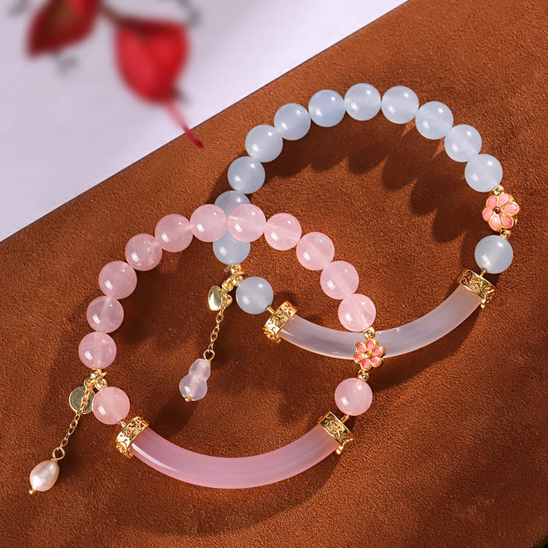 Buddha Stones Rosa Kristall Blau Chalcedon Perle Manschette Halbarmband Armreif - image 3