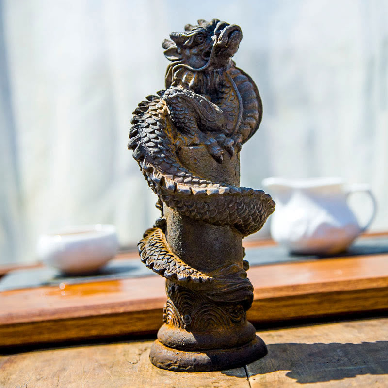 Buddha Stones, handgefertigt, fliegender Drache um die Säule, Eisenpulver, Rostguss, Harzstatue, Heimdekoration - Rostfarbene Ausführung, 20 x 10 x 8 cm - image 0