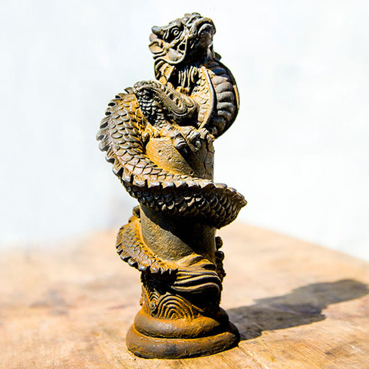 Buddha Stones, handgefertigt, fliegender Drache um die Säule, Eisenpulver, Rostguss, Harzstatue, Heimdekoration